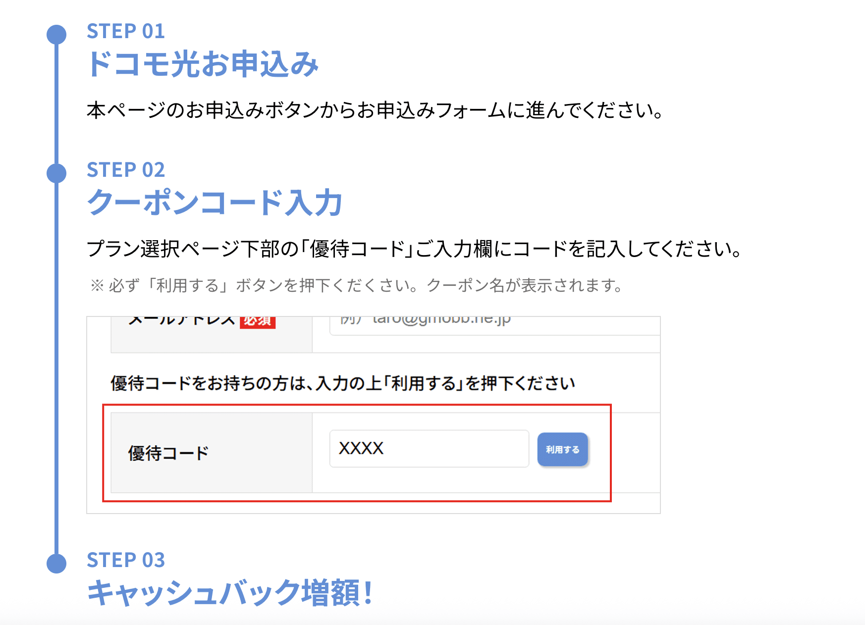 step1 ドコモ光お申し込み、step2 クーポンコード入力、step3 キャッシュバック増額